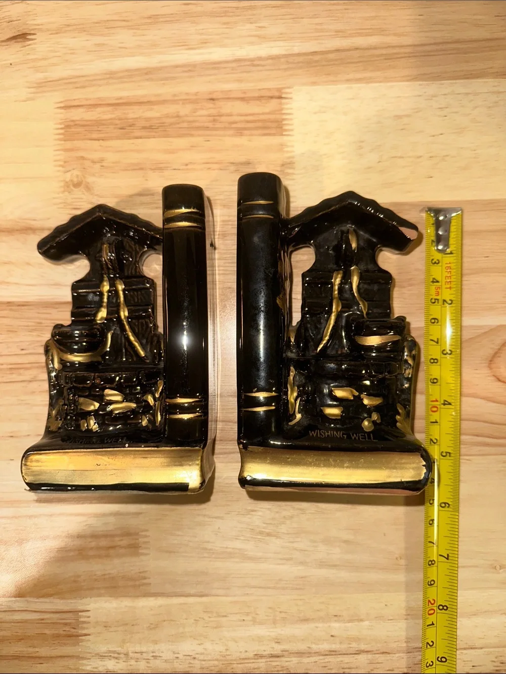 Vintage Mid Century Ceramic Wishing Well Bookends Pen Holders Japan Gold Accent
